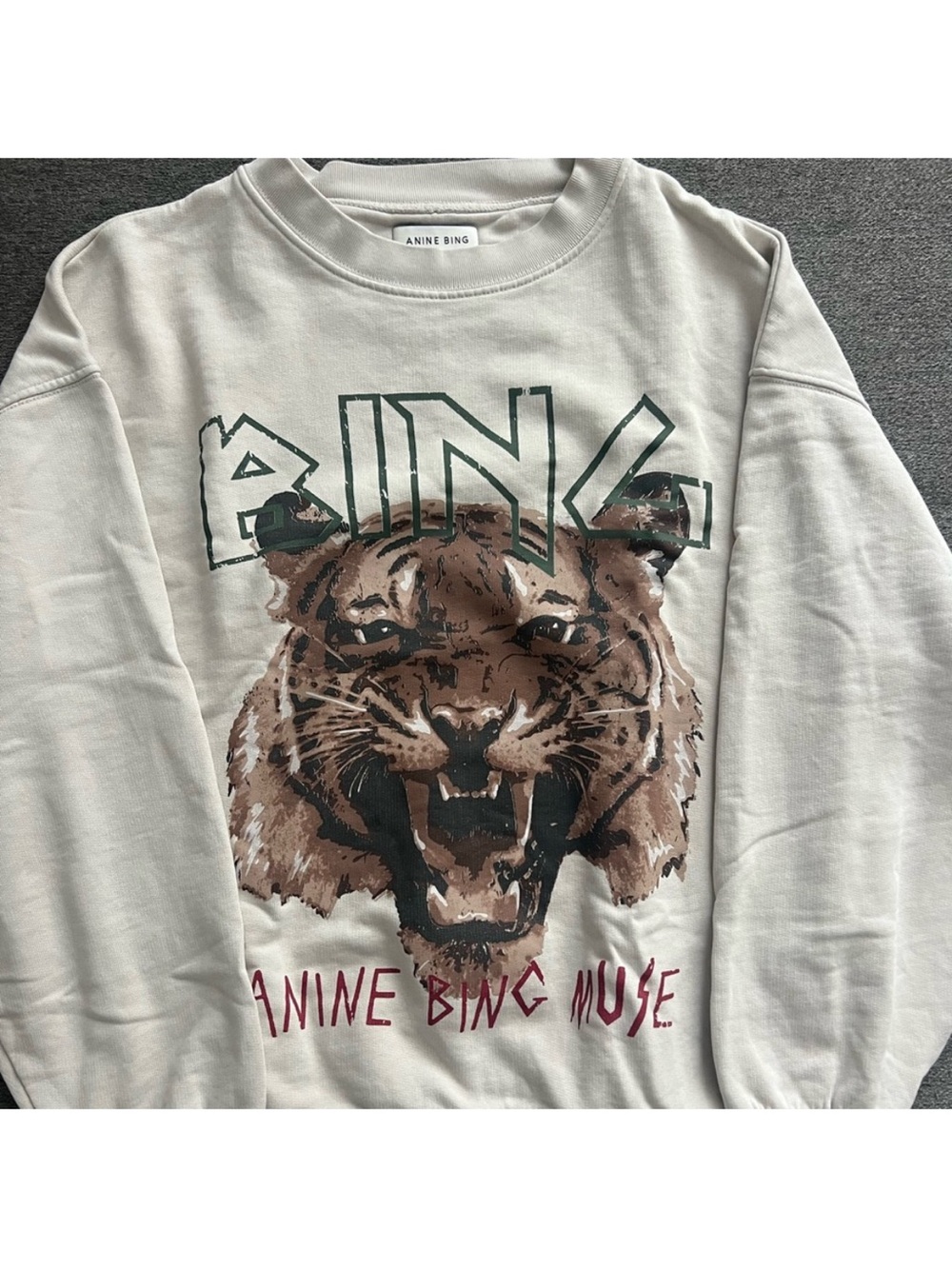 Anine Bing Cream Sweatshirt with Brown Tiger Graphic and Green Logo